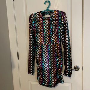 Long Sleeve Sequin Checkered Colorful Dress
